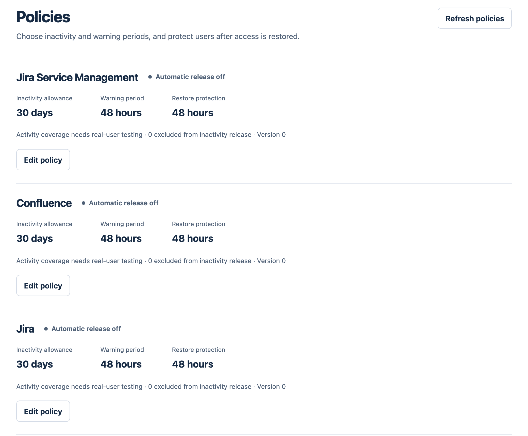The Cost Slasher Policies page with three policies, Jira Service Management, Confluence and Jira, each showing Automatic release off, inactivity allowance 30 days, warning period 48 hours, restore protection 48 hours, and the line Activity coverage needs real-user testing, 0 excluded from inactivity release