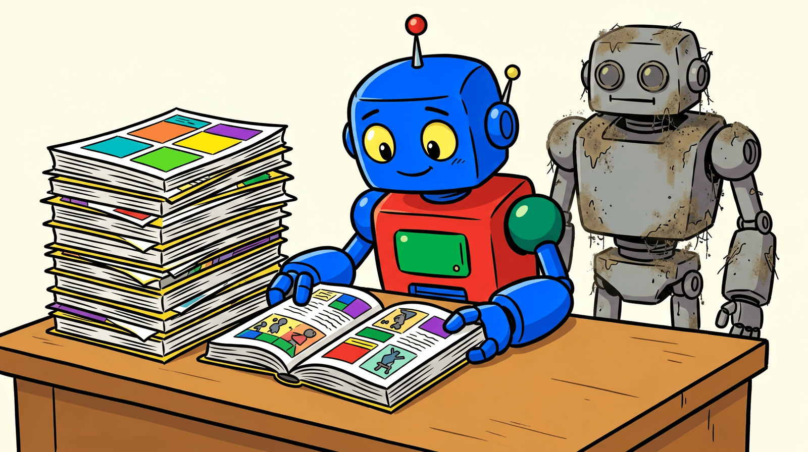Illustration, generated locally with ERNIE-Image: a blue robot at a desk reads page one of a thick manual next to a tall stack of identical copies, while a dusty half-built robot waits behind it