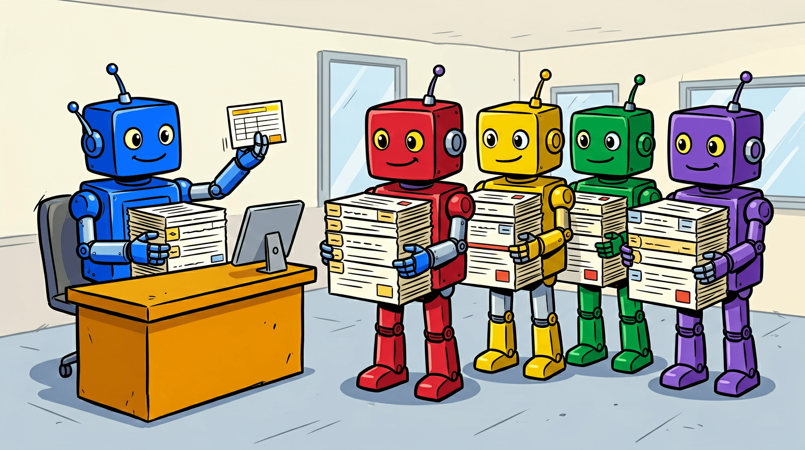 Cartoon of a blue robot clerk at an orange desk holding up a tiny index card, while a queue of red, yellow, green and purple robots each carry a huge stack of tabbed paper forms.