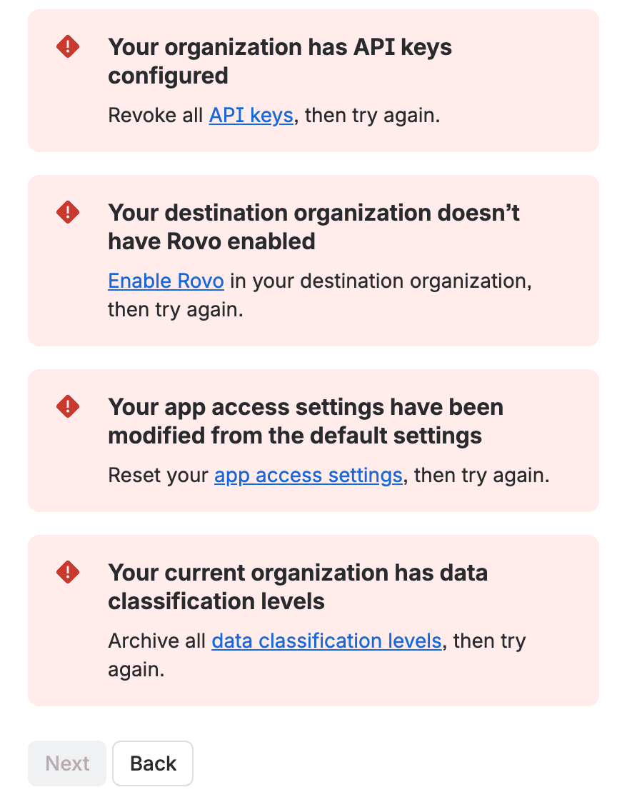 Four red blocker cards from the Transfer apps flow: Your organization has API keys configured; Your destination organization doesn't have Rovo enabled, with an Enable Rovo link; Your app access settings have been modified from the default settings; Your current organization has data classification levels. Below them the Next button is disabled.