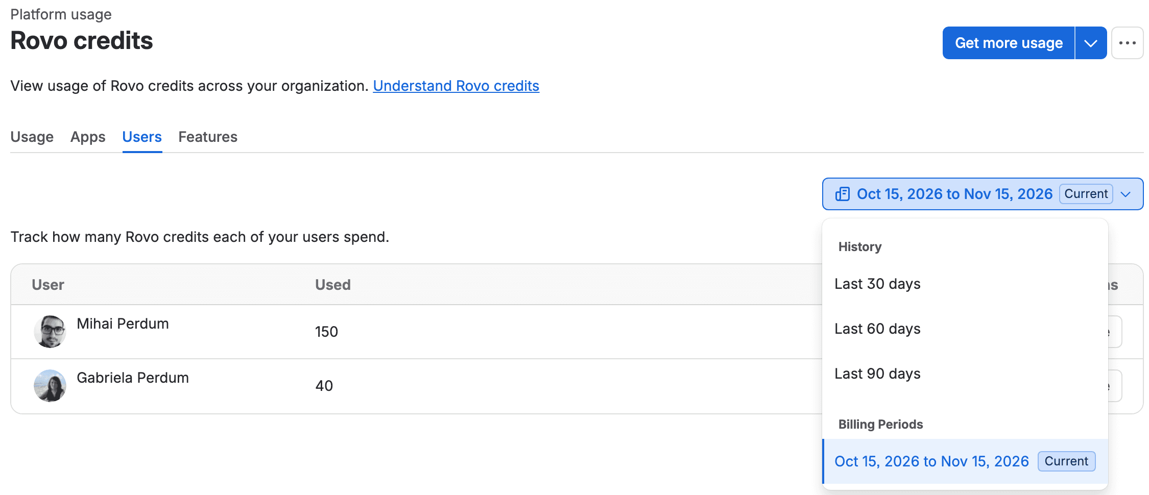 The Rovo credits Users tab with the period dropdown open: under History, Last 30 days, Last 60 days and Last 90 days; under Billing Periods, only Oct 15, 2026 to Nov 15, 2026 marked Current. Behind it the table shows Mihai Perdum 150 and Gabriela Perdum 40, with email addresses blanked