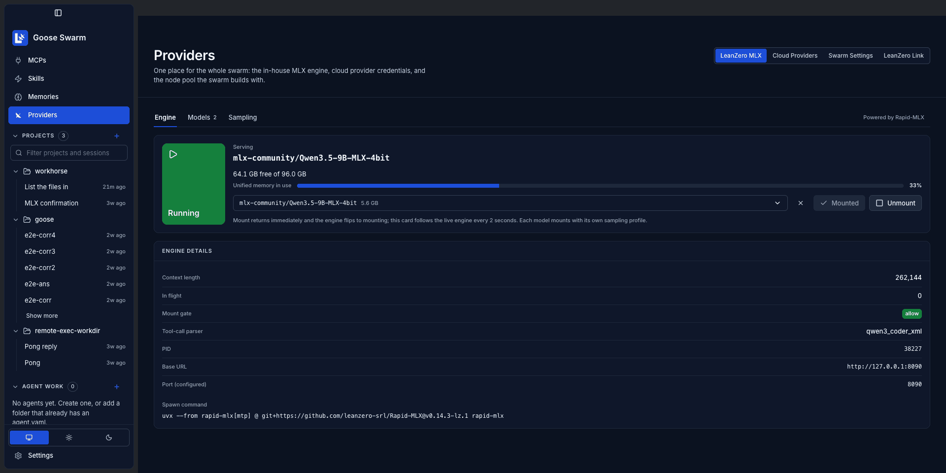 The LeanZero MLX engine in Goose Swarm 3.0.11 serving mlx-community/Qwen3.5-9B-MLX-4bit: Running status card, 64.1 GB free of 96.0 GB, context length 262,144, tool-call parser qwen3_coder_xml, base URL 127.0.0.1:8090 and the uvx spawn command pinned to Rapid-MLX v0.14.3-lz.1