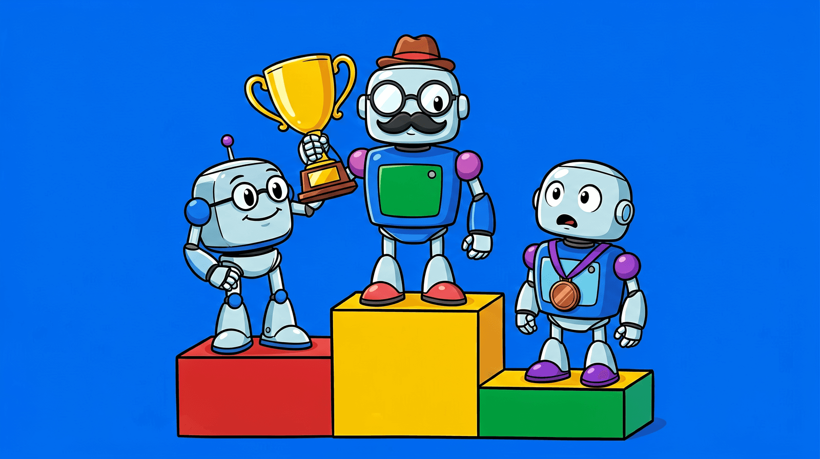 Cartoon of a three-step winners podium on a blue background. On the top step a robot in a cheap disguise of round glasses, a fake moustache and a little brown hat stands proudly, with a gold trophy beside it. On the third step an identical robot with no disguise wears a bronze medal and stares up at it, mouth open