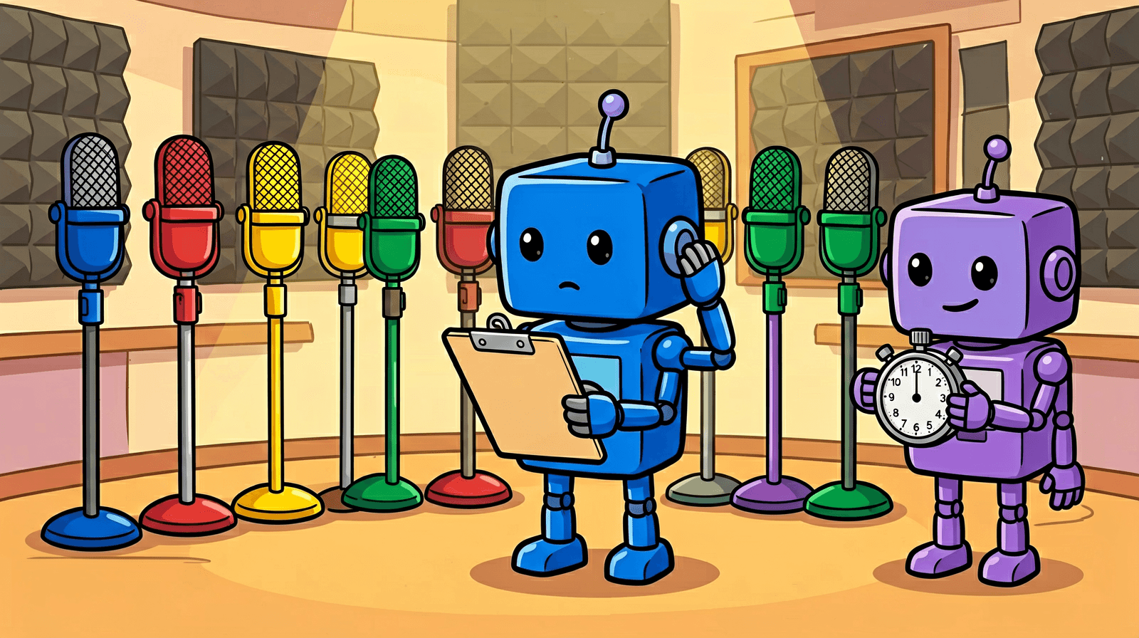 Illustration of a blue boxy robot holding a clipboard and cupping its ear in front of a row of ten coloured vintage microphones, while a purple robot holds a stopwatch, in a studio with acoustic foam