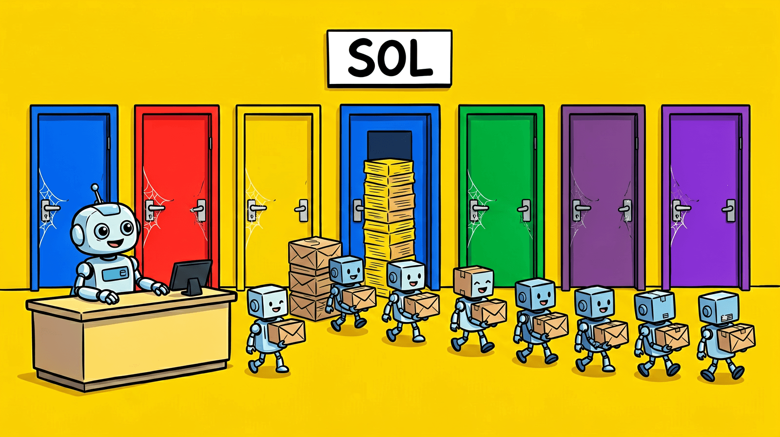 Cartoon of a cheerful robot receptionist at a desk in front of seven coloured doors. A queue of small robots carrying parcels all walk toward the one door marked SOL, beside a tall stack of envelopes, while the other doors have cobwebs on their handles